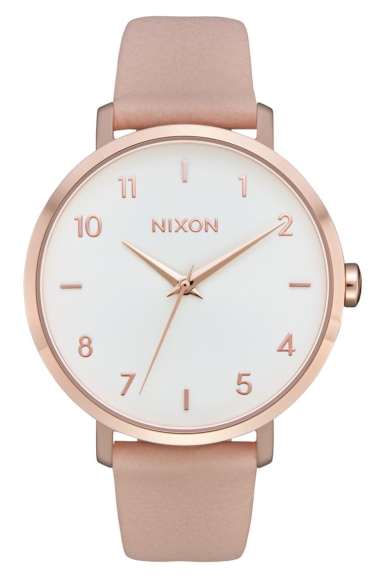 The Arrow Leather Strap Watch, 38mm, Main, color, ROSE GOLD / LIGHT PINK
