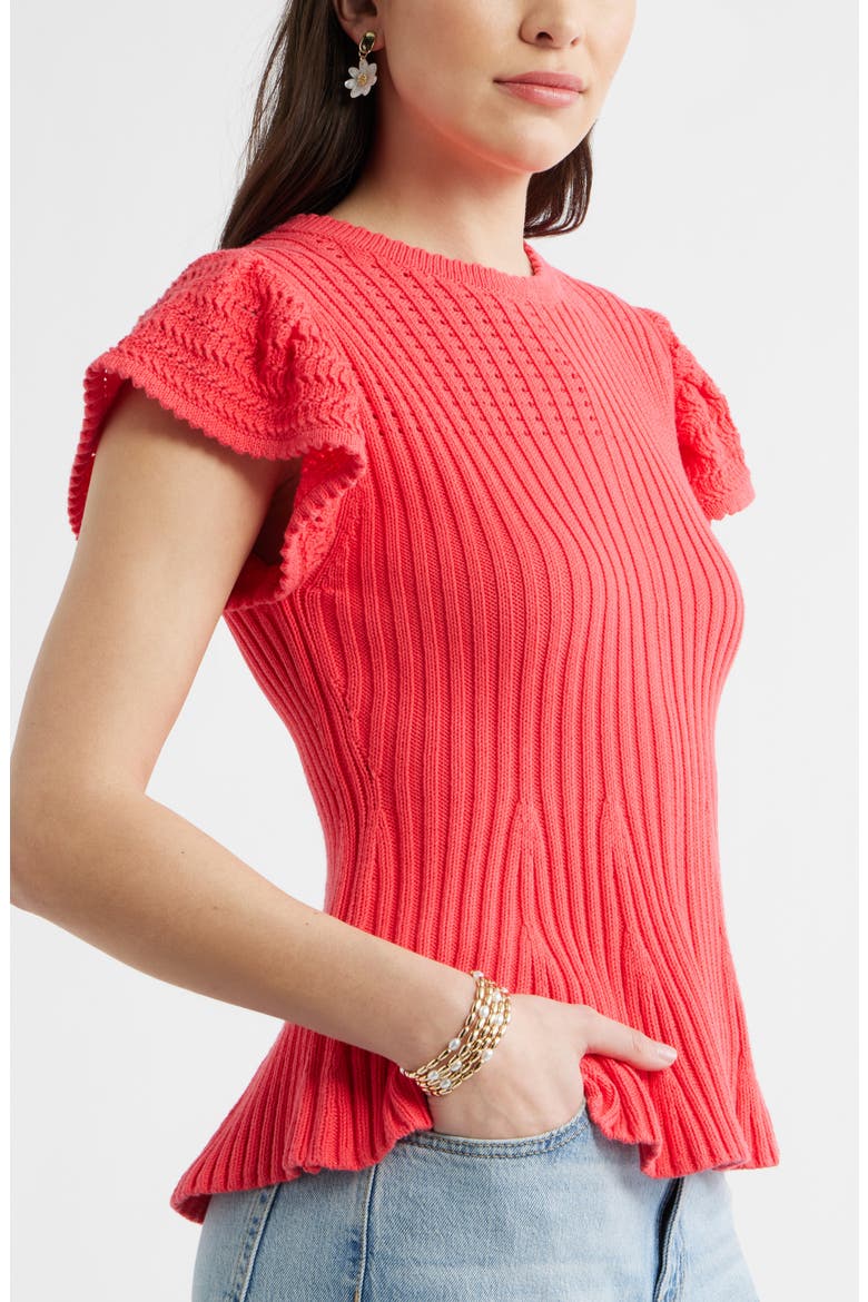 Flutter Sleeve Pima Cotton Sweater, Alternate, color, RED GERANIUM