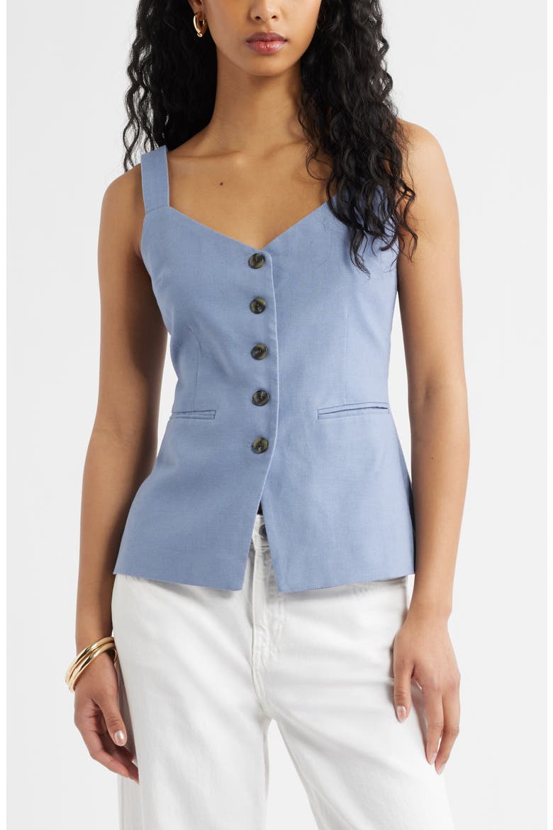 Button Front Linen Blend Tank, Main, color, BLUE UMBRA