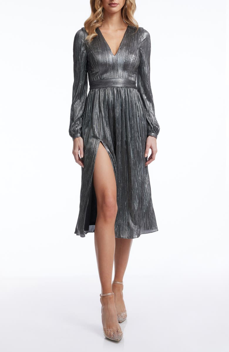 Dress the Population Holly Long Sleeve Metallic Plissé Dress, Main, color, Silver