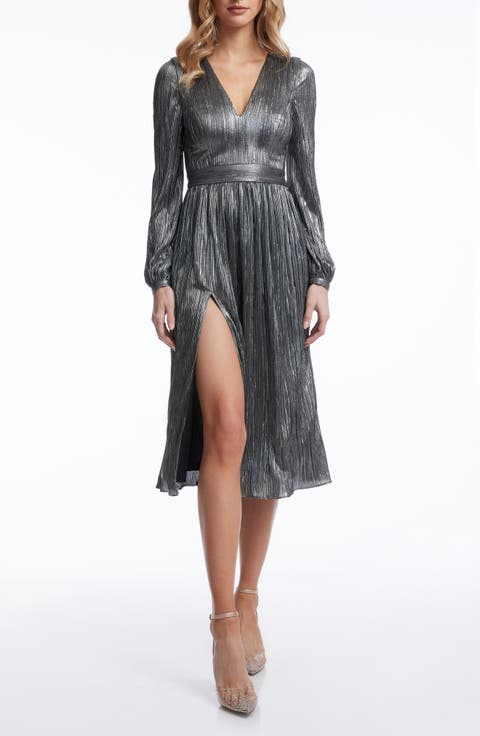 Holly Long Sleeve Metallic Plissé Dress