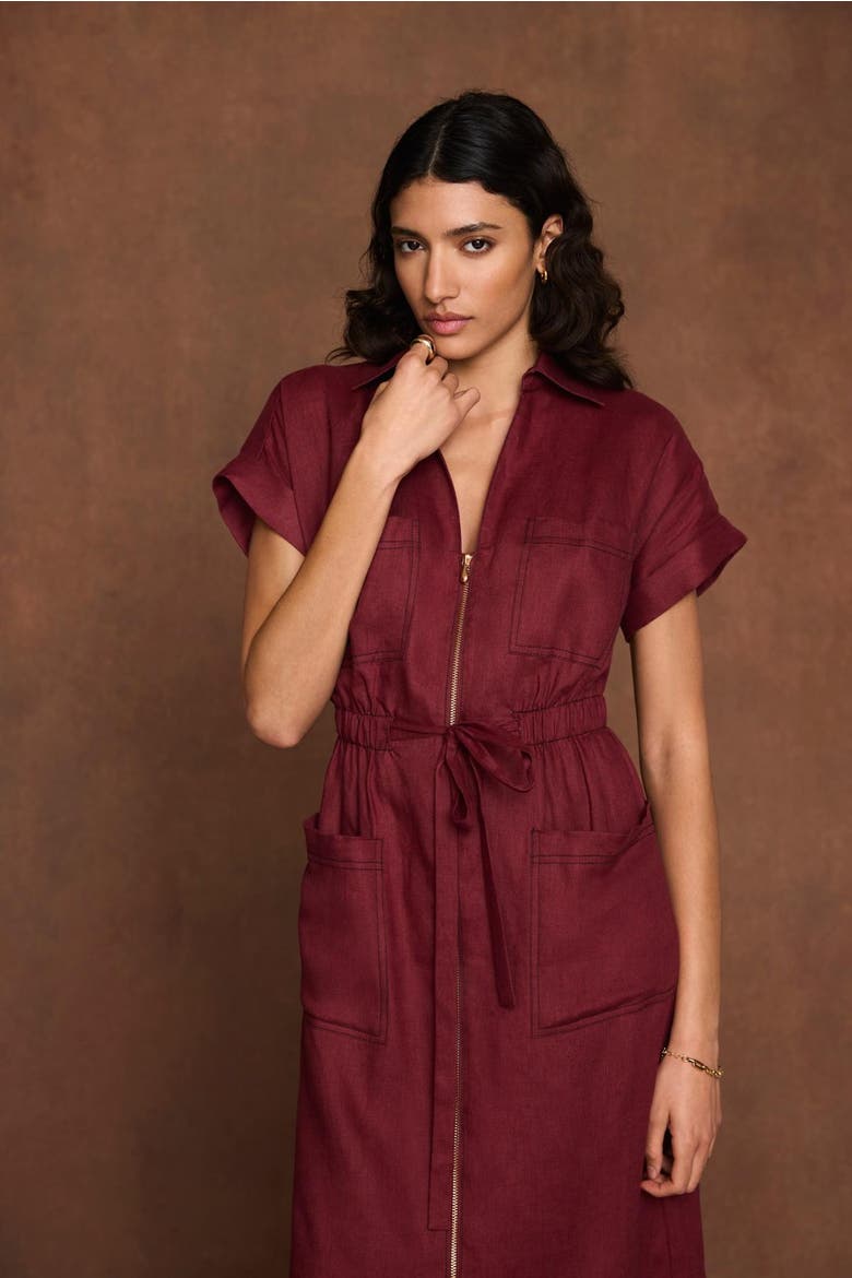 Linen Midi Shirt Dress, Alternate, color, Burgundy
