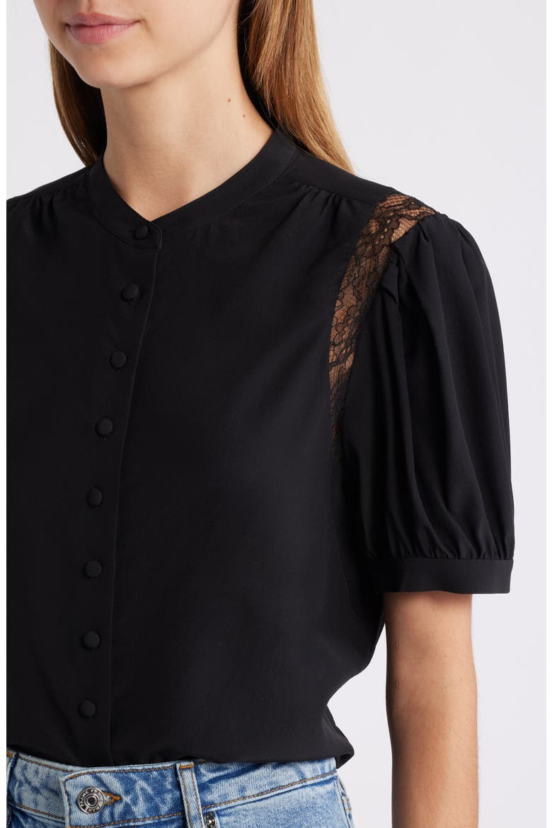Lace Inset Silk Button-Up Shirt, Alternate, color, BLACK