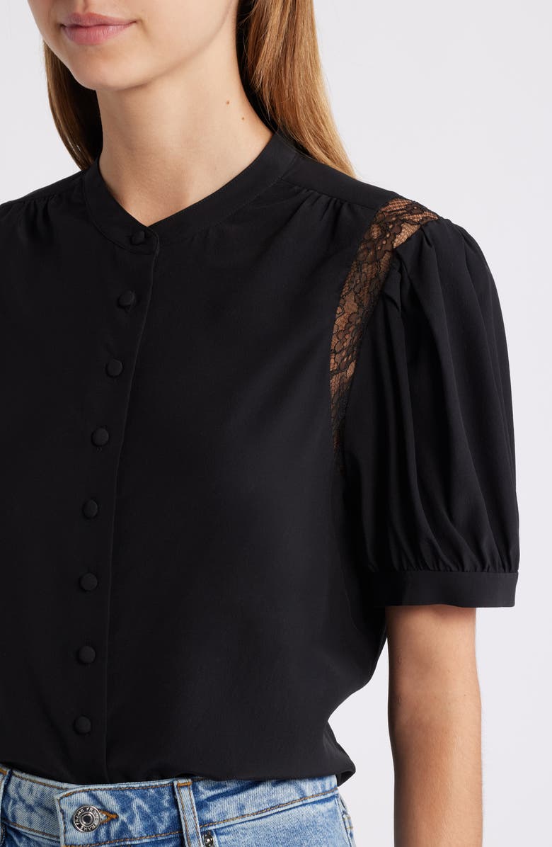 FRAME Lace Inset Silk Button-Up Shirt, Alternate, color, Black