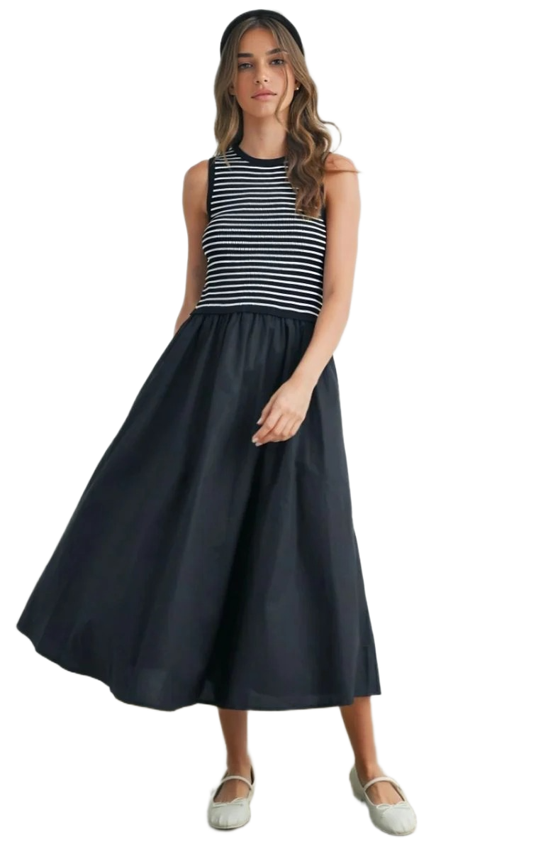 Knit and Lounge Striped Knit Top Woven Skirt Sleeveless Maxi Dress, Main, color, 