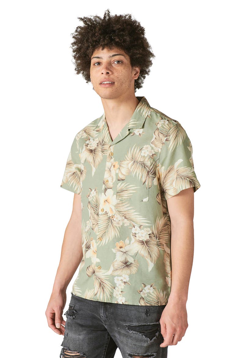 Patterned Linen Blend Short Sleeve Shirt, Alternate, color, OLIVE PRINT