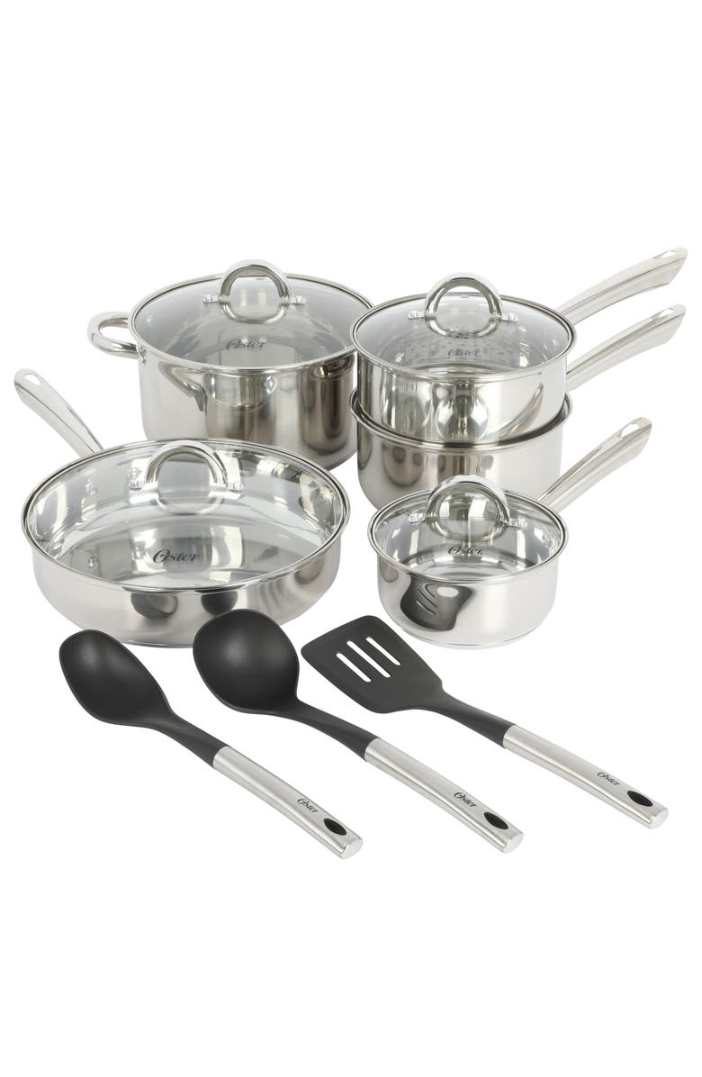 OSTER Sangerfield 12-Piece Stainless Steel Cookware Set with Kitchen Tools, Main, color, Silver
