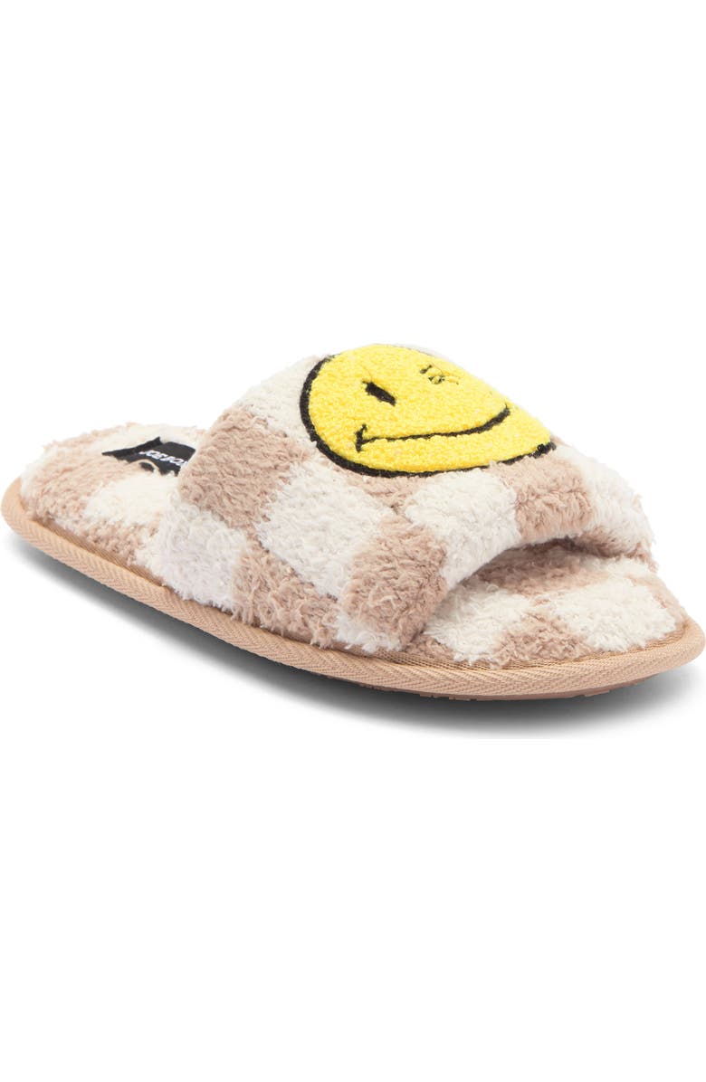 JOE BOXER Faux Fur Happy Face Slide Slipper, Main, color, Tan-Beige
