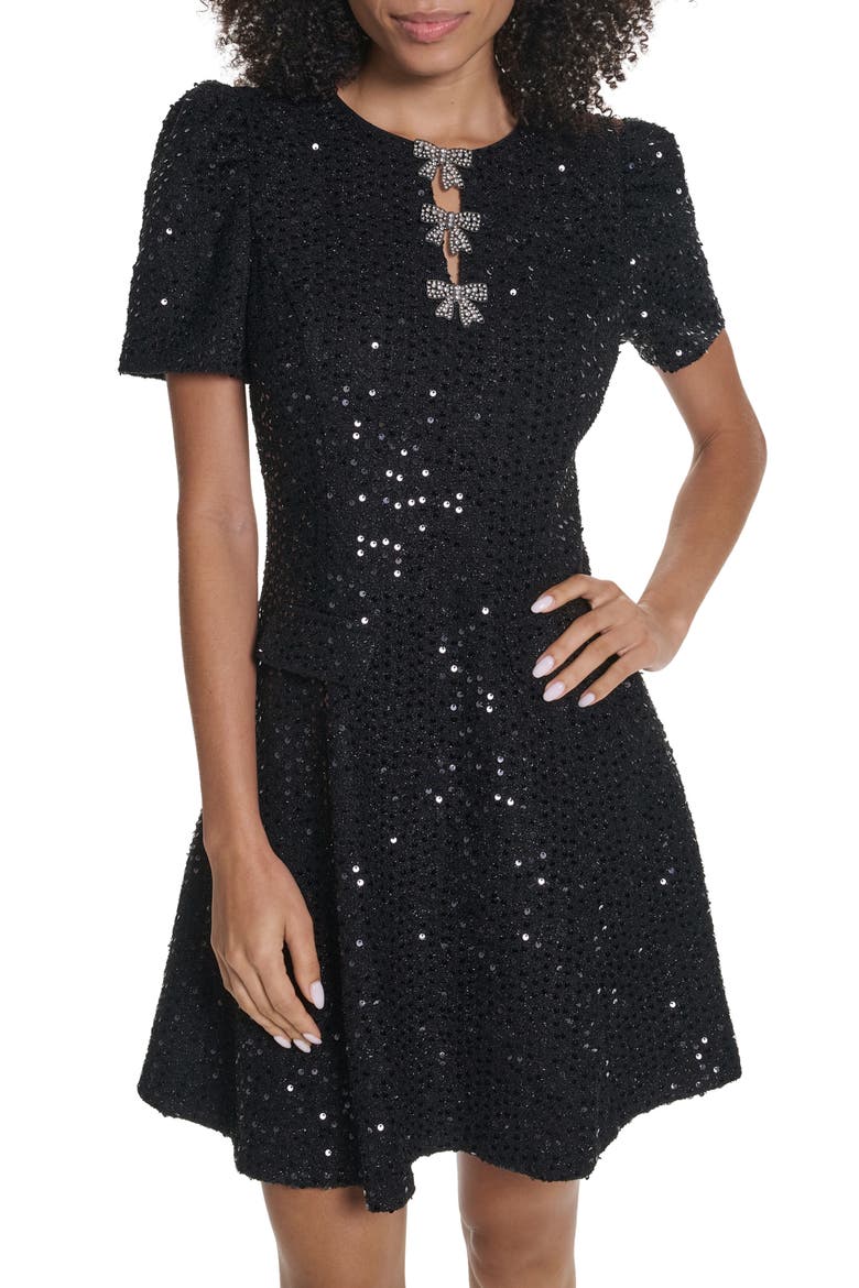 Bow Detail Sequin Tweed A-Line Minidress, Alternate, color, BLACK