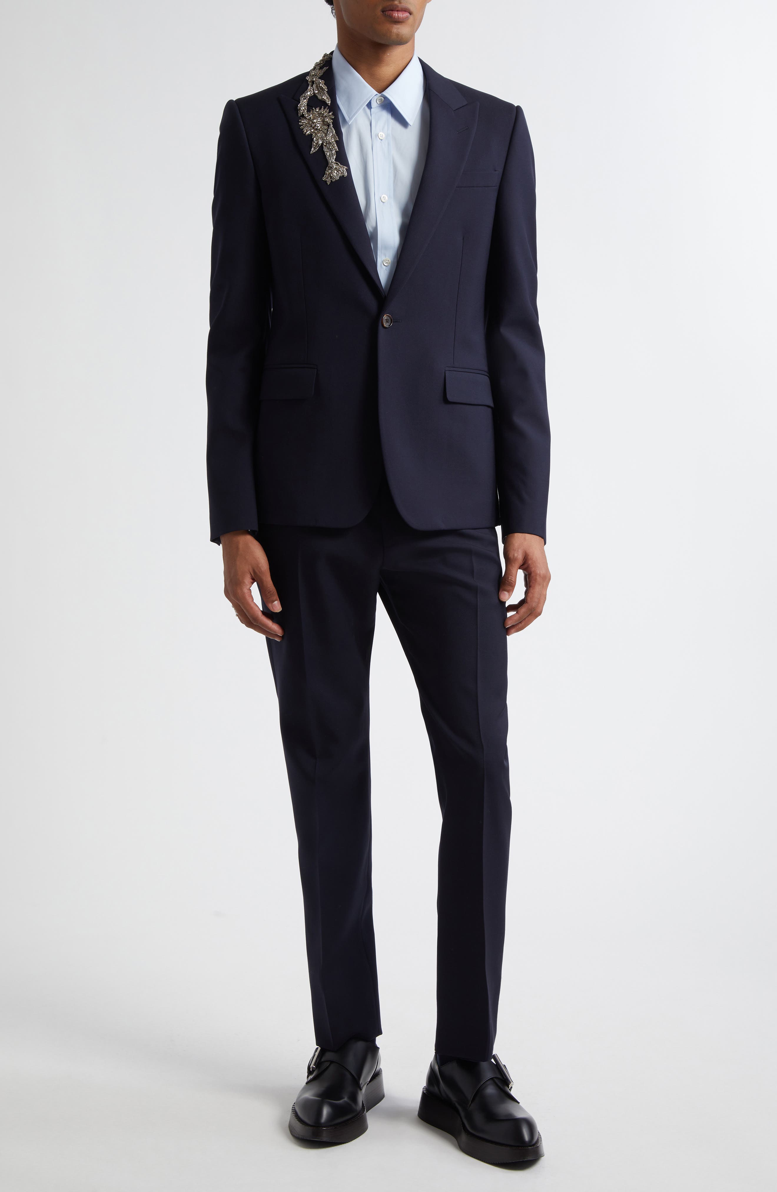 Crystal Embellished Peak Lapel Wool Sport Coat - image 2