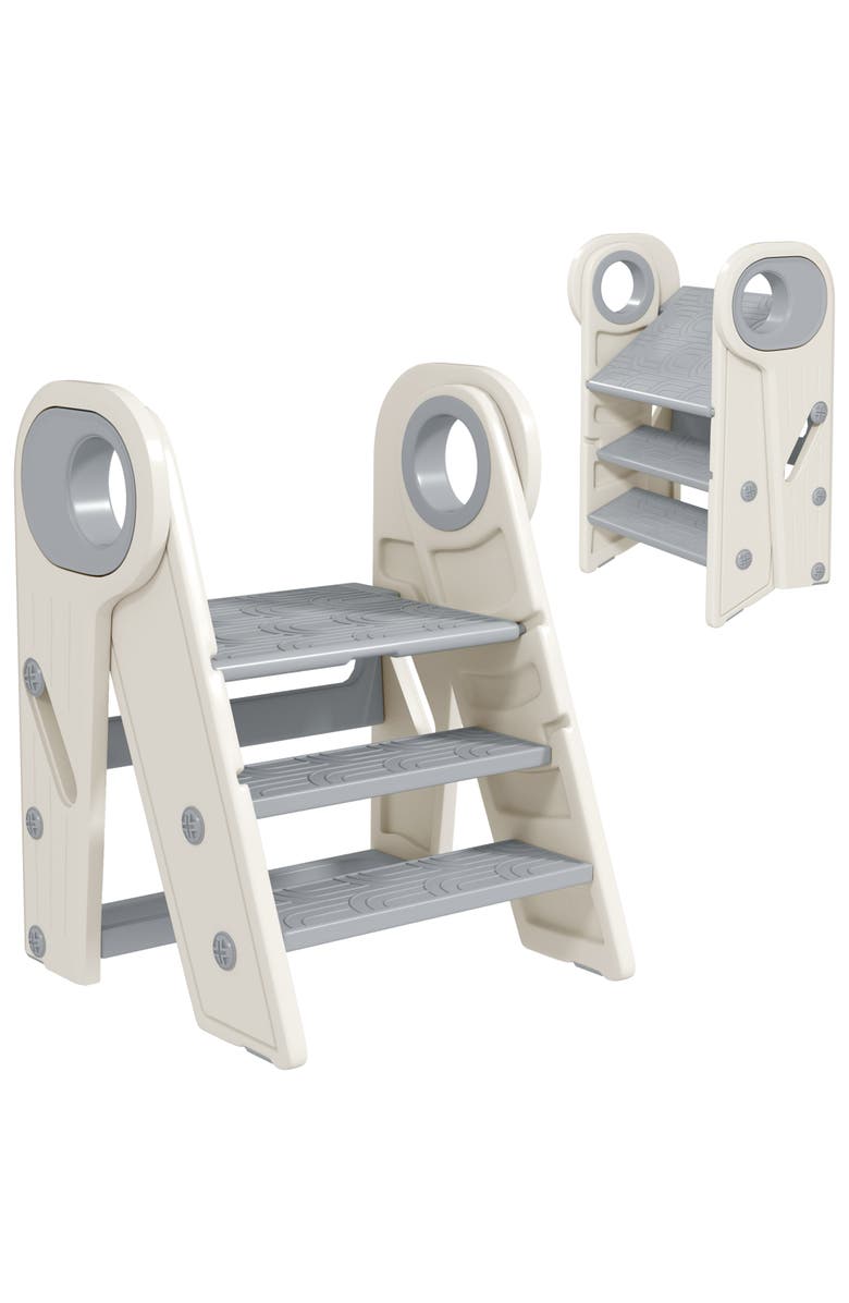 Qaba Foldable Kids Kitchen Stool Helper, 3-Step, Handles, Non-slip, Main, color, Gray