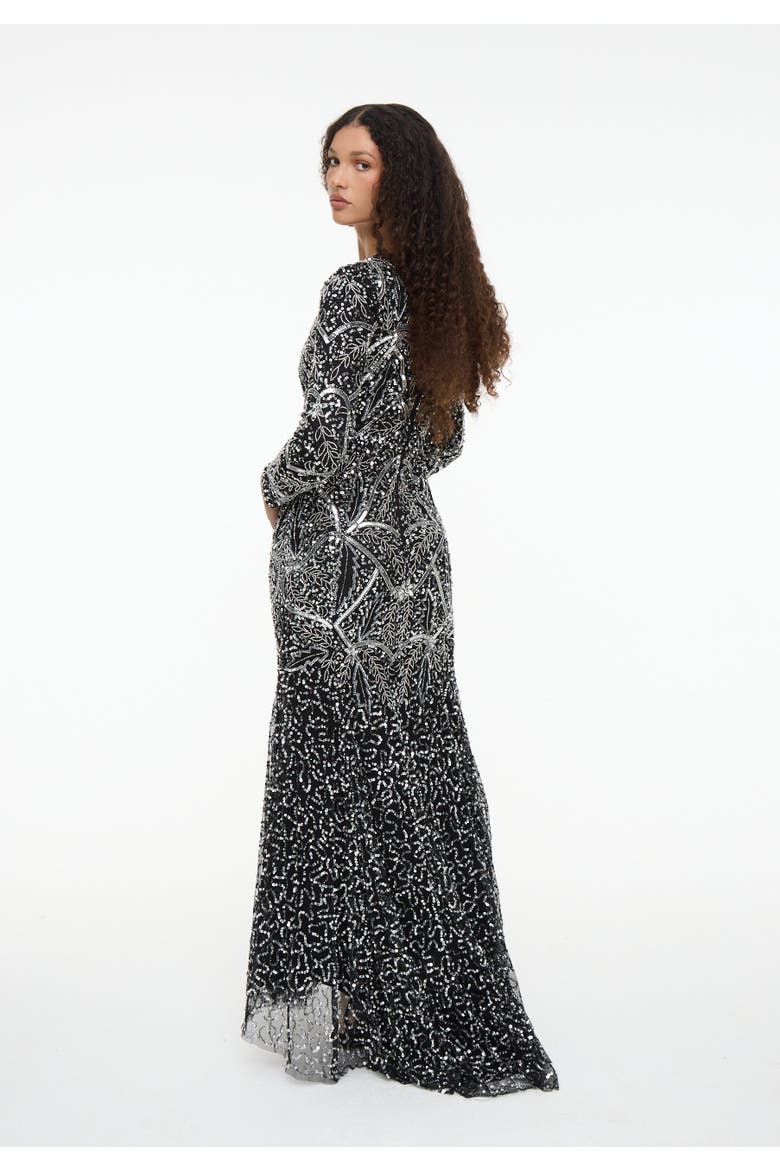 Modest Embellished Sequin Beaded Dress Maxi With Fit Bodice and Trail, Alternate, color, BLACK