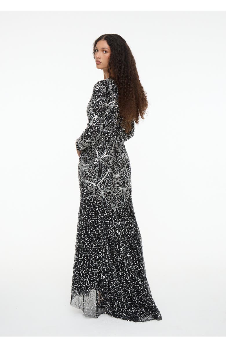 MARYISA Modest Embellished Sequin Beaded Dress Maxi With Fit Bodice and Trail, Alternate, color, Black