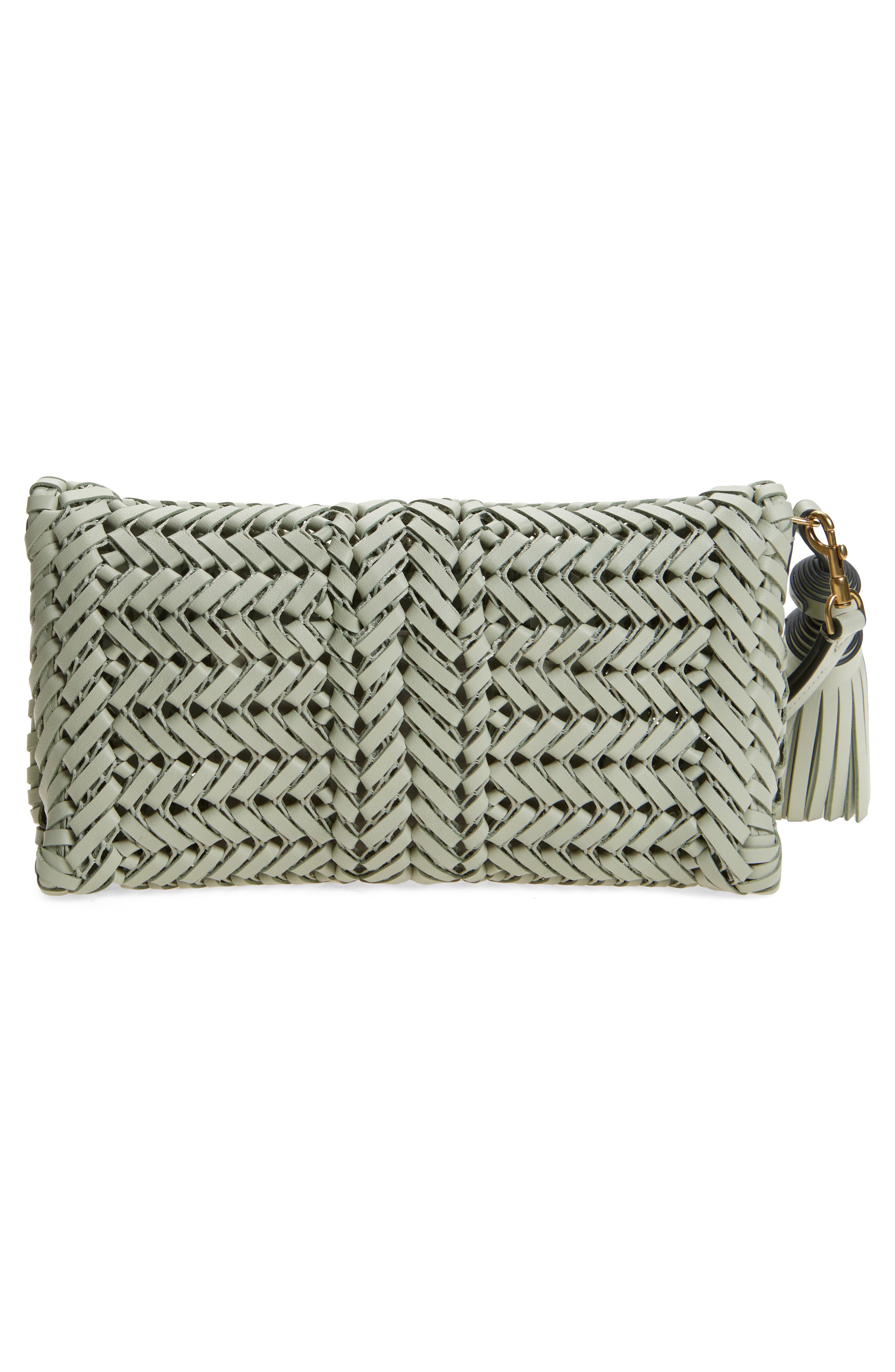 Anya Hindmarch Neeson Herringbone Woven Leather Tassel Clutch, Alternate, color, Iceberg