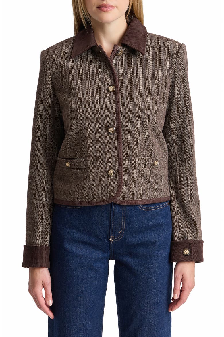 Herringbone Jacket with Corduroy Trim, Main, color, BROWN HERRINGBONE