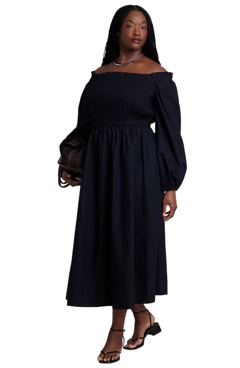 ELOQUII Long Sleeve Smocked Maxi Dress, Main, color, Black Onyx