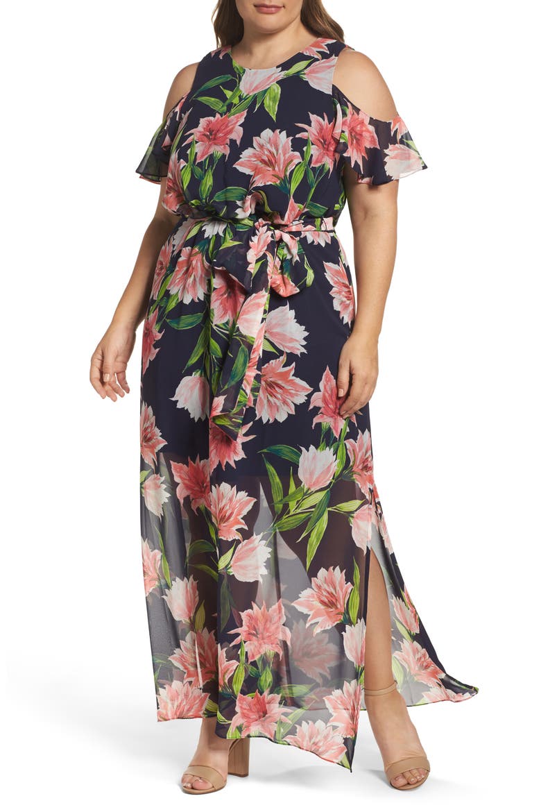 Floral Chiffon Cold Shoulder Maxi Dress, Main, color, NAVY/ CORAL