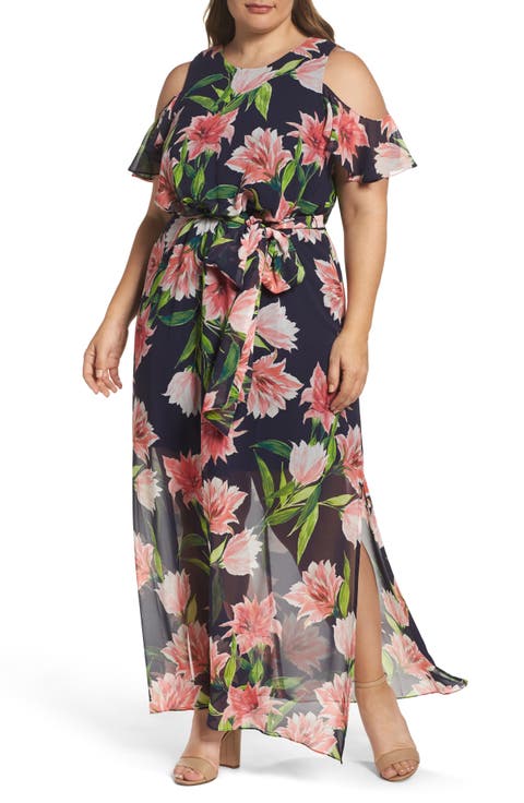 Floral Chiffon Cold Shoulder Maxi Dress (Plus Size)