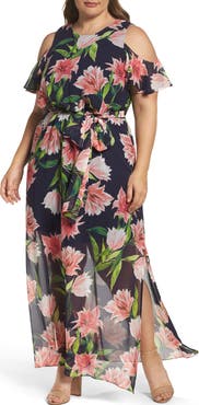 Eliza J Floral Chiffon Cold Shoulder Maxi Dress