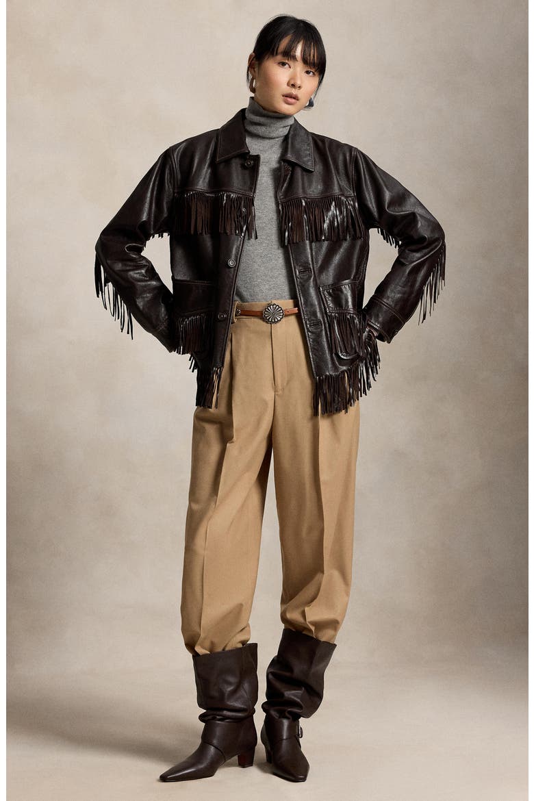 Fringe Trim Leather Shirt, Alternate, color, DARK CHOCOLATE