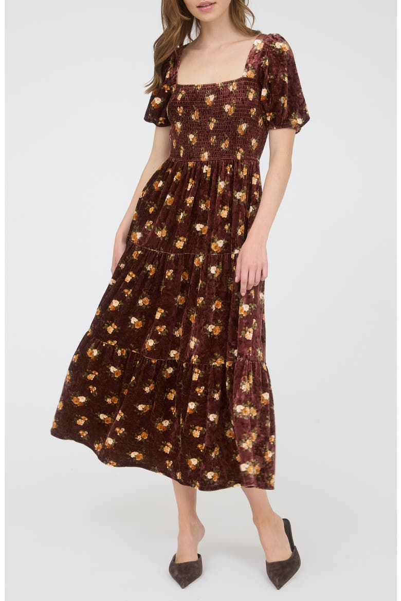 Puff Sleeve Midi Dress, Main, color, BURGUNDY MULTI