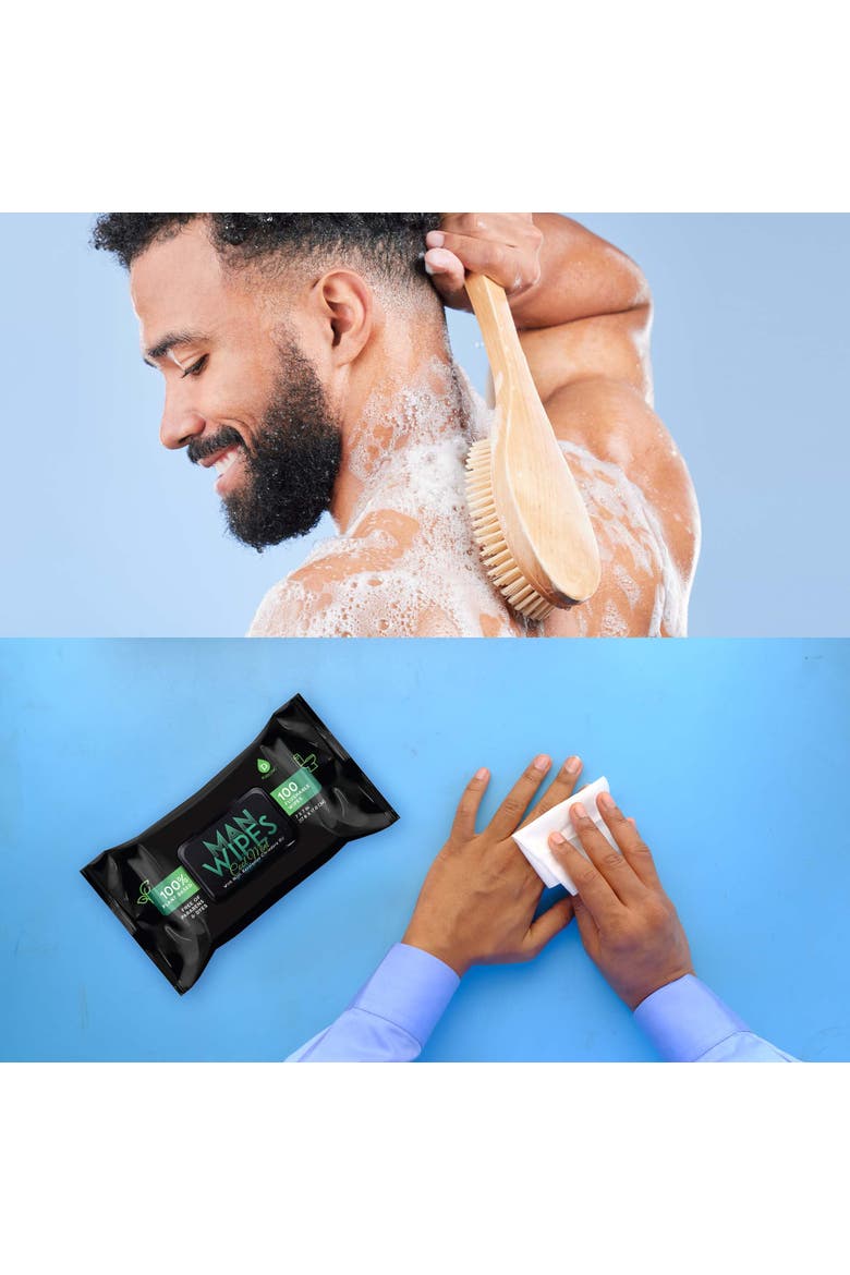Clean & Refresh Bundle 1200 Flushable Man Wipes (Mint Scented) - 12 Pack + Bath Body Brush, Alternate, color, Black