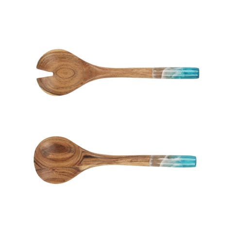 Wave Fork and Spoon Salad Coastal Wood Novelty Serving Utensils Set of 2