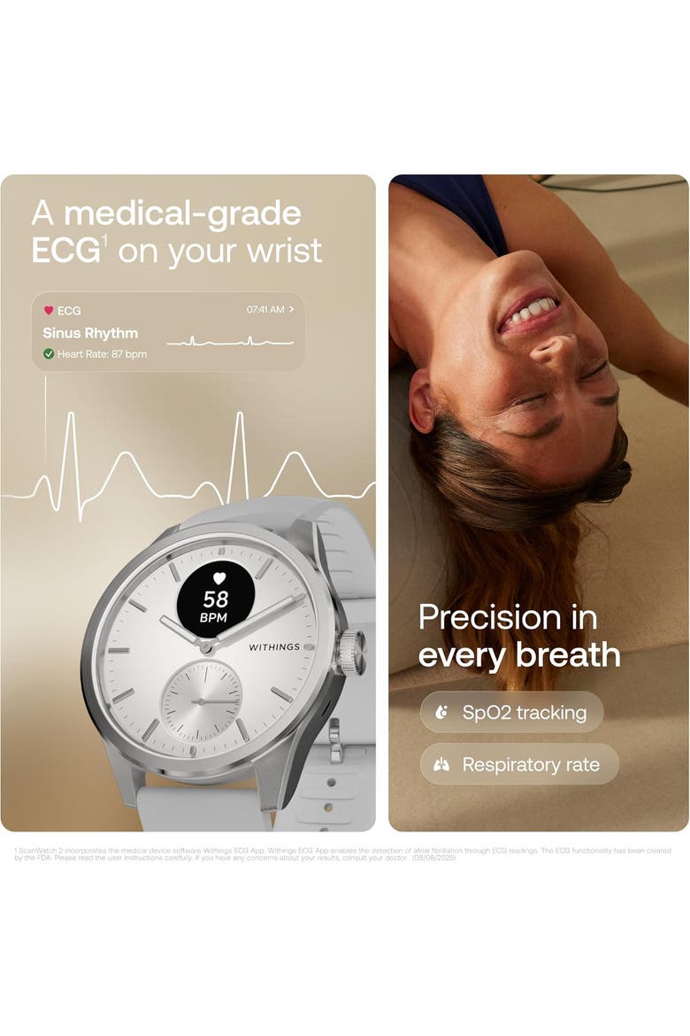 ScanWatch 2 - Heart Health Hybrid Smartwatch - 42mm - White, Alternate, color, White & Silver