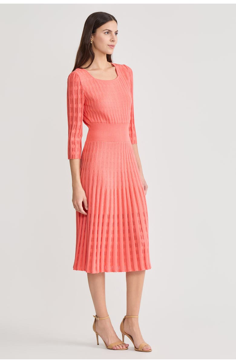 Ming Wang Linear Pointelle Tonal Knit Fit-N-Flare Midi Dress, Alternate, color, Sunkist Coral
