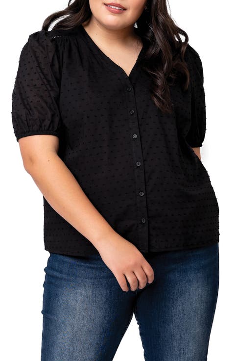 Puff Sleeve Button Front Pin Dot Blouse