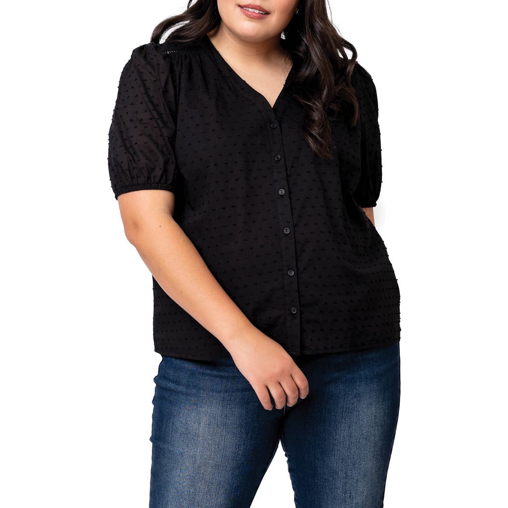 GIBSONLOOK GIBSONLOOK PUFF SLEEVE BUTTON FRONT PIN DOT BLOUSE