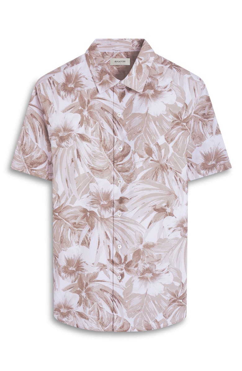 Bugatchi Orson Trim Fit Floral Short Sleeve Stretch Cotton Button-Up Shirt, Alternate, color, Camel