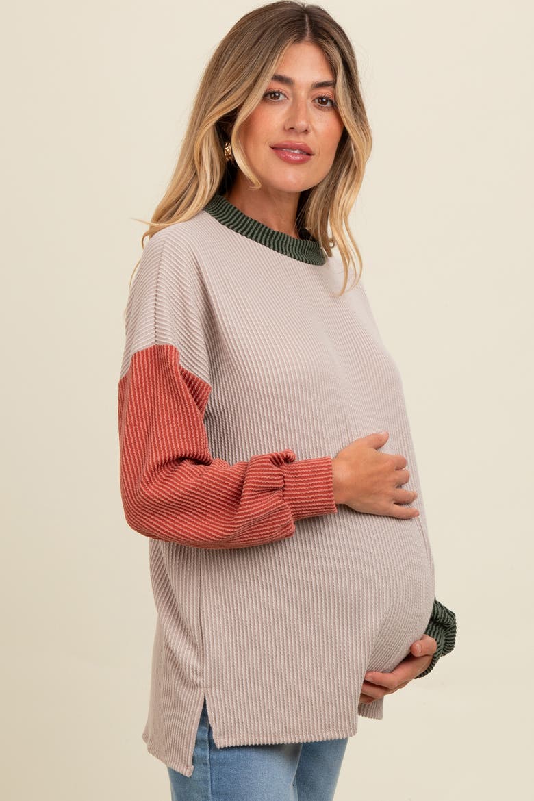 Ribbed Colorblock Side Slit Top, Alternate, color, Taupe