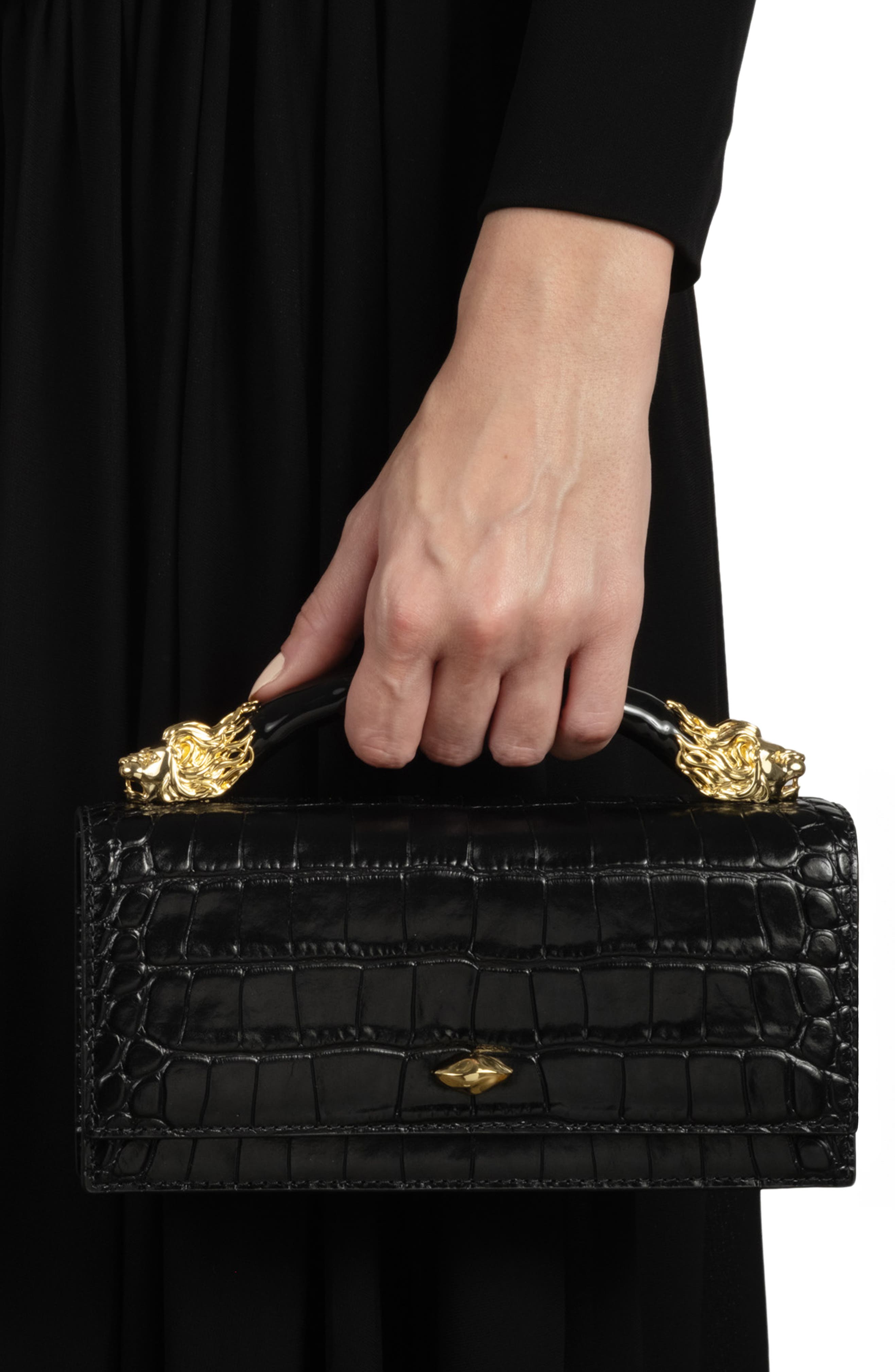 Alexis Bittar Lioness Croc Embossed Leather Bag, Alternate, color, Black