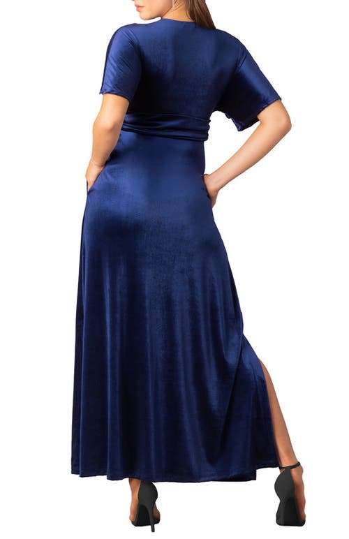 Kiyonna Verona V-neck Velvet Evening Gown With Pockets In Blue