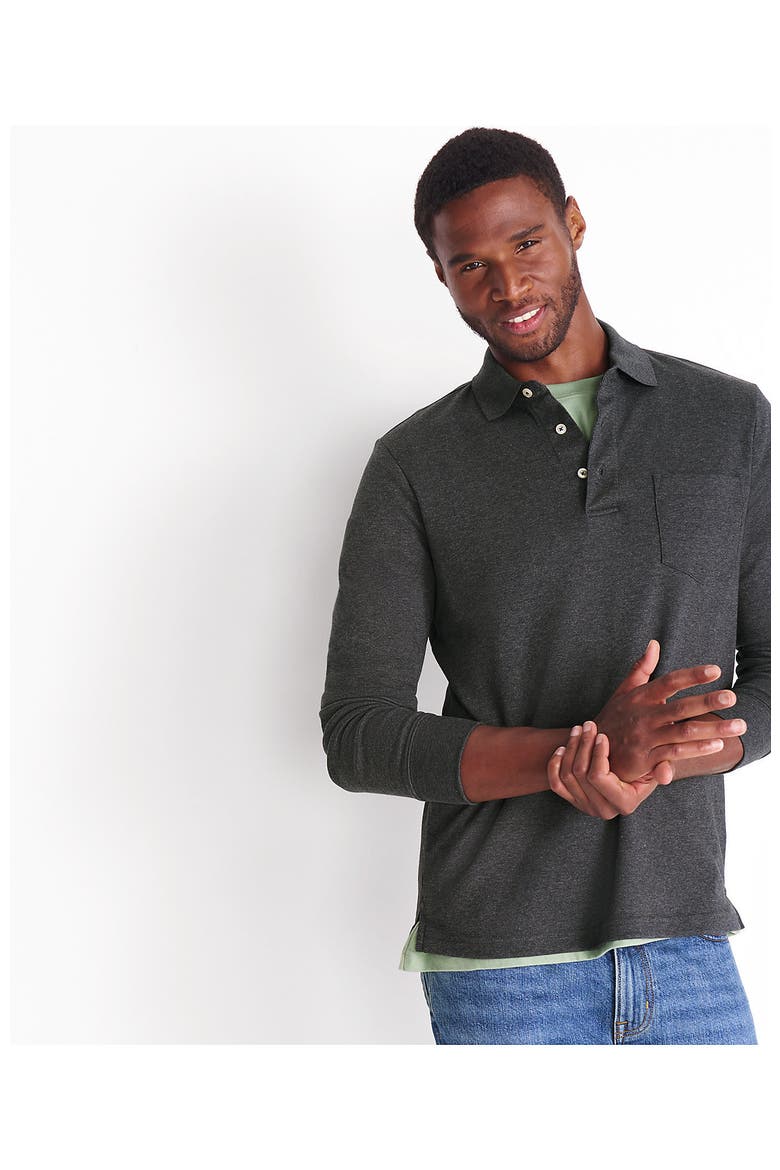 Long Sleeve Cotton Supima Polo Shirt with Pocket, Alternate, color, Dark Charcoal Heather