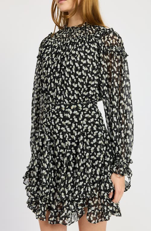 En Saison Genevieve Long Sleeve Chiffon Minidress In Black Gold