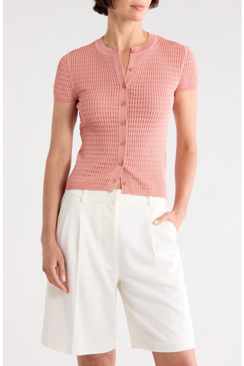 Pointelle Short Sleeve Button Front Cardigan, Main, color, DESERT ROSE