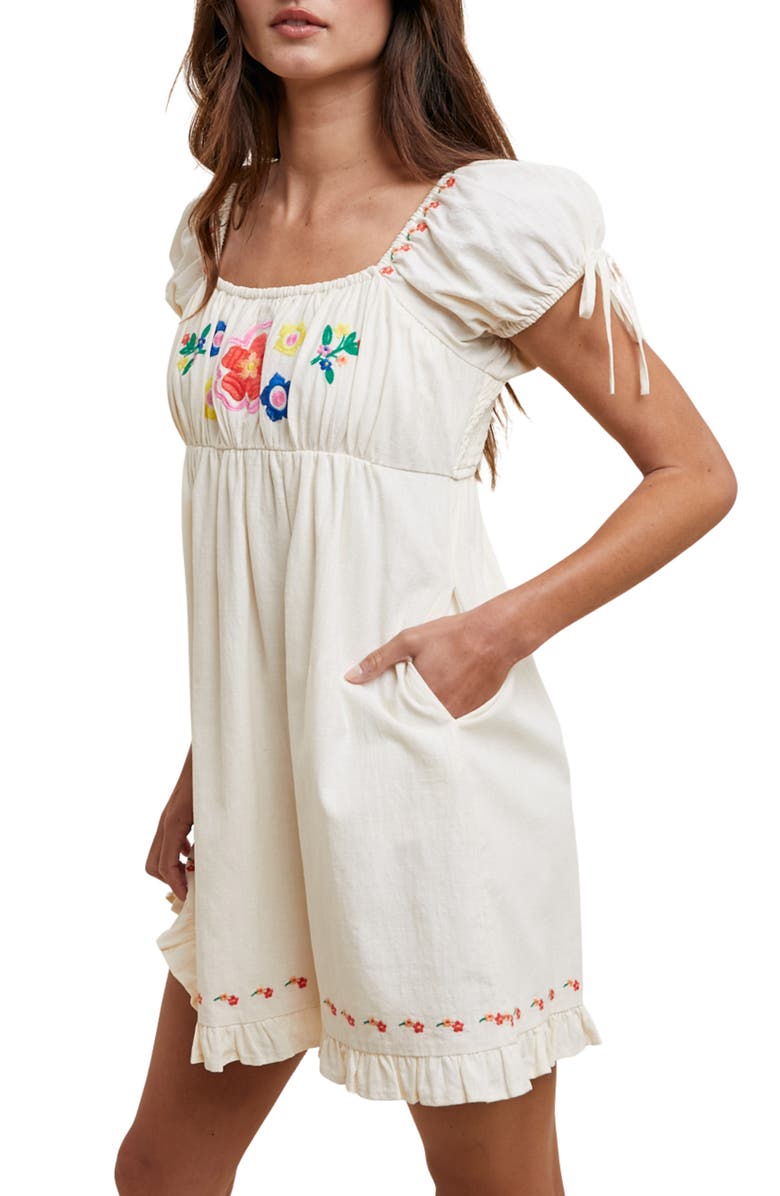 WISHLIST Floral Embroidered Puff Sleeve Cotton Minidress, Alternate, color, Ecru