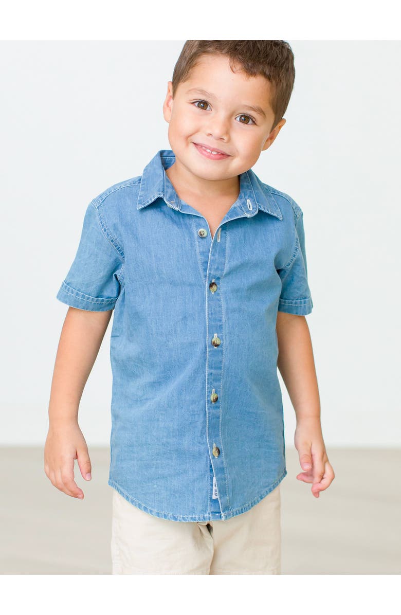 RuffleButts Boys Denim Short Sleeve Button Down Shirt, Alternate, color, Light Wash