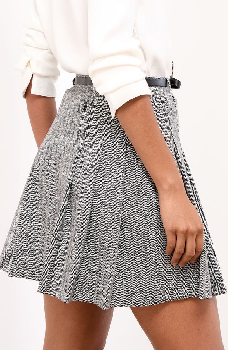 Lipsy Herringbone Pleated Miniskirt, Alternate, color, Grey