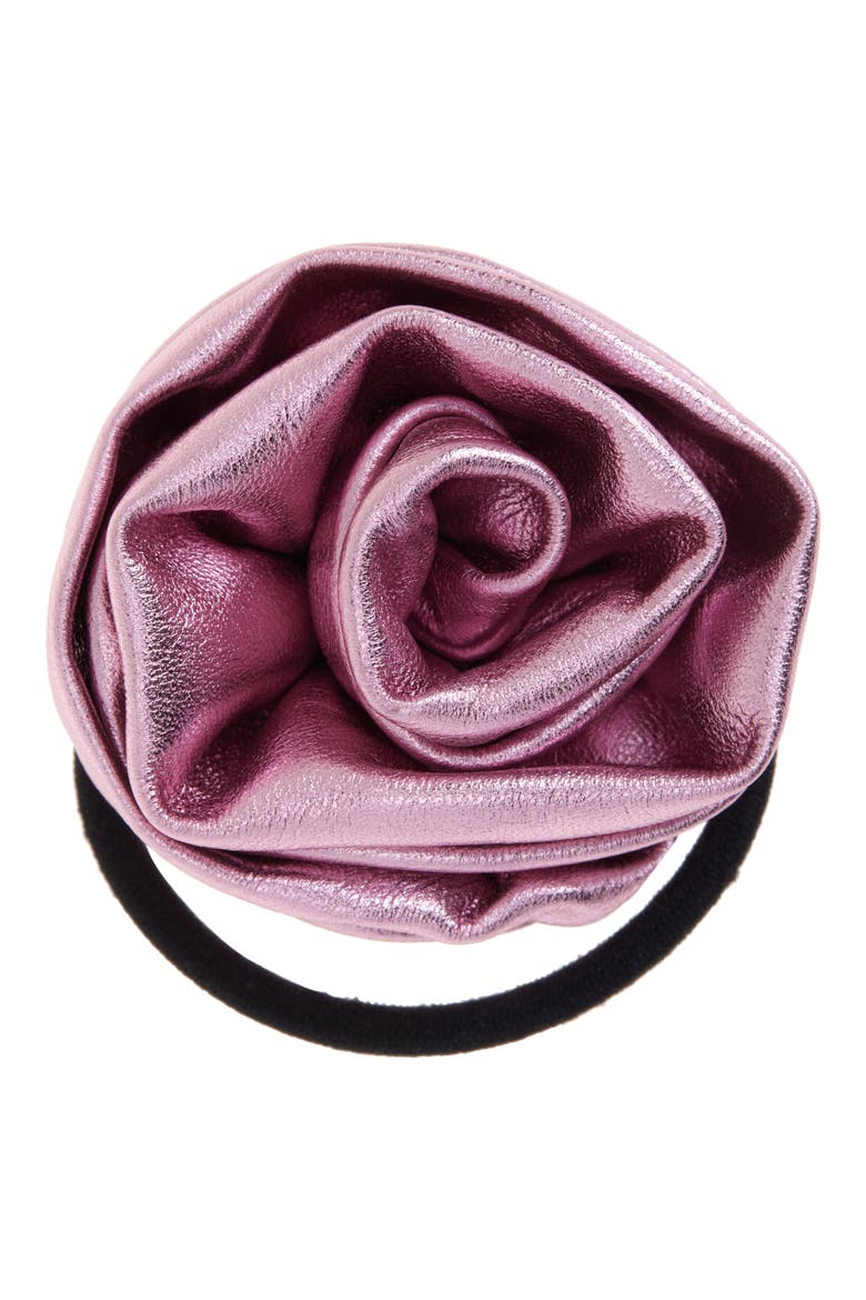 Corsage Metallic Leather Ponytail Holder, Main, color, METALLIC PINK