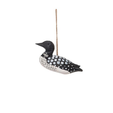 Black & White Spotted Loon Bird Wood Carved Christmas Ornament