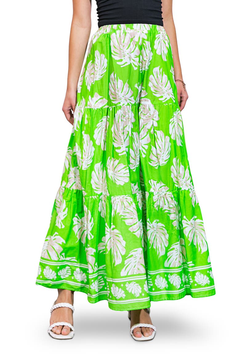 Palm Print Tiered Cotton Maxi Skirt, Main, color, GREEN IVORY