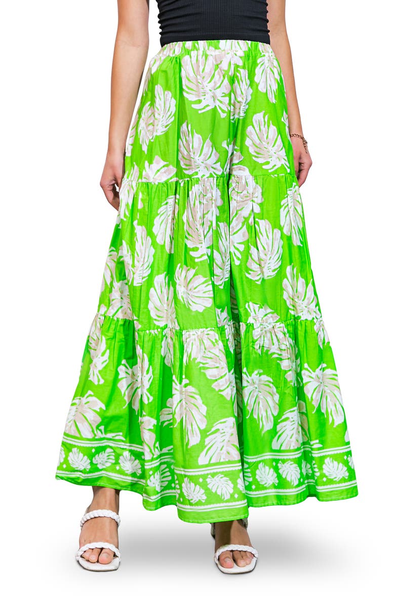 FLYING TOMATO Palm Print Tiered Cotton Maxi Skirt, Main, color, Green Ivory