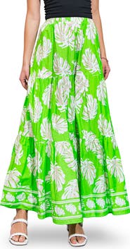 FLYING TOMATO Palm Print Tiered Cotton Maxi Skirt