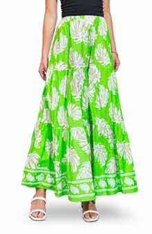 FLYING TOMATO Palm Print Tiered Cotton Maxi Skirt