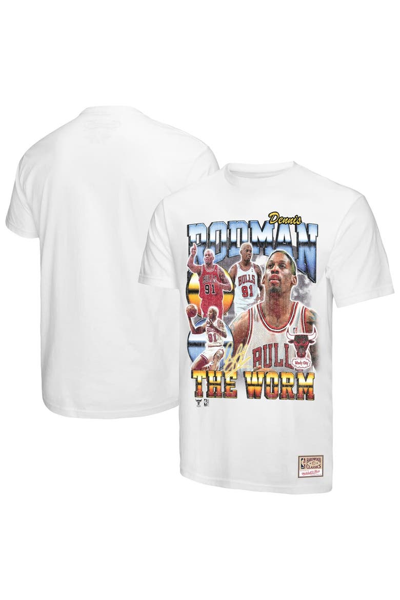 Men's Mitchell & Ness Dennis Rodman White Chicago Bulls Hardwood Classics Commemorative Player Collage T-Shirt, Main, color, White