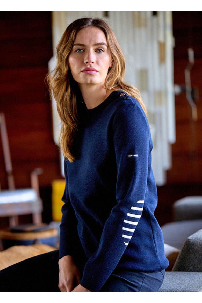 BREGANCON - Breton Sweater with Jacquard Elbow Patch, Main, color, NAVY