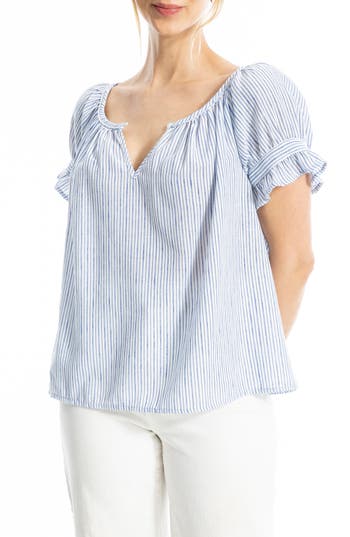 Max Studio Stripe Ruffle Puff Sleeve Top